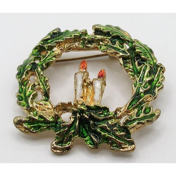 Vintage Gold Tone Enamel Christmas Wreath Candles Brooch Pin Holiday Green - Picture 2 of 7